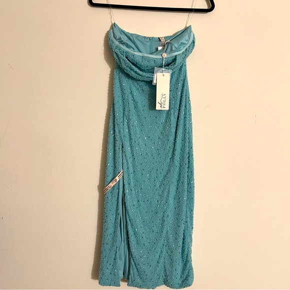 NWT Oh Polly VERBIER Embellished Bandeau Cowl Neck Midi Dress in Aqua size 6 - Picture 2 of 5